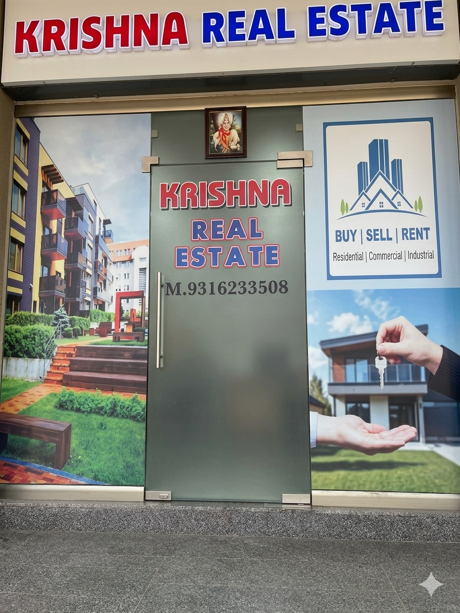 Krishna Real Estate storefront in Ahmedabad — Buy, Sell, Rent (Residential, Commercial, Industrial)